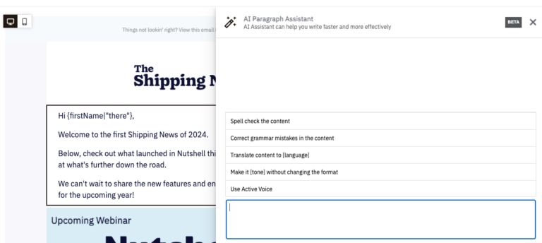 an AI paragraph assistant helping write an email for a newsletter called The Shipping News