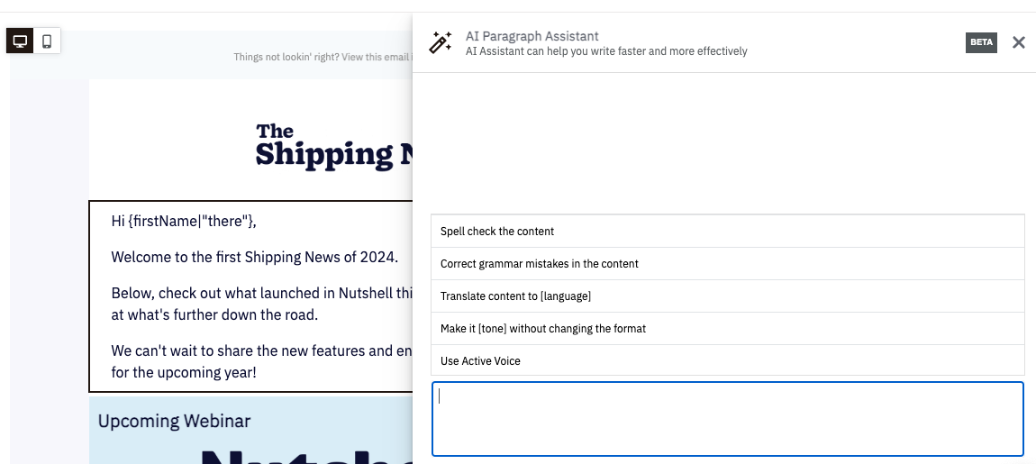 en AI-avsnittsassistent som hjelper til med å skrive en e-post til et nyhetsbrev kalt The Shipping News