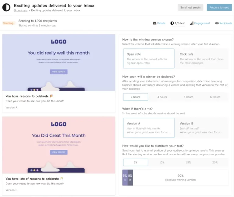 Sending page for email A/B test