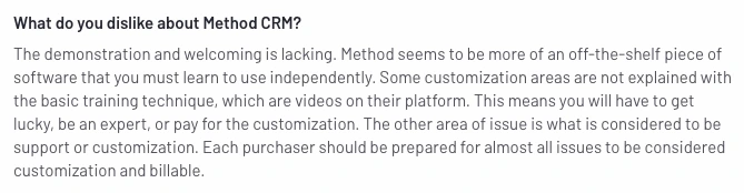 resposta de texto do cliente partilhando o que não gosta no Method:CRM
