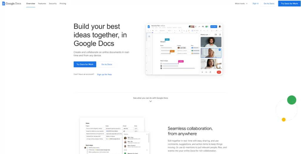 Google Docs home page for learning how to write SEO content