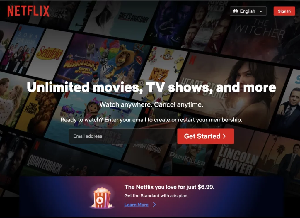 Good landing page example of the Netflix website