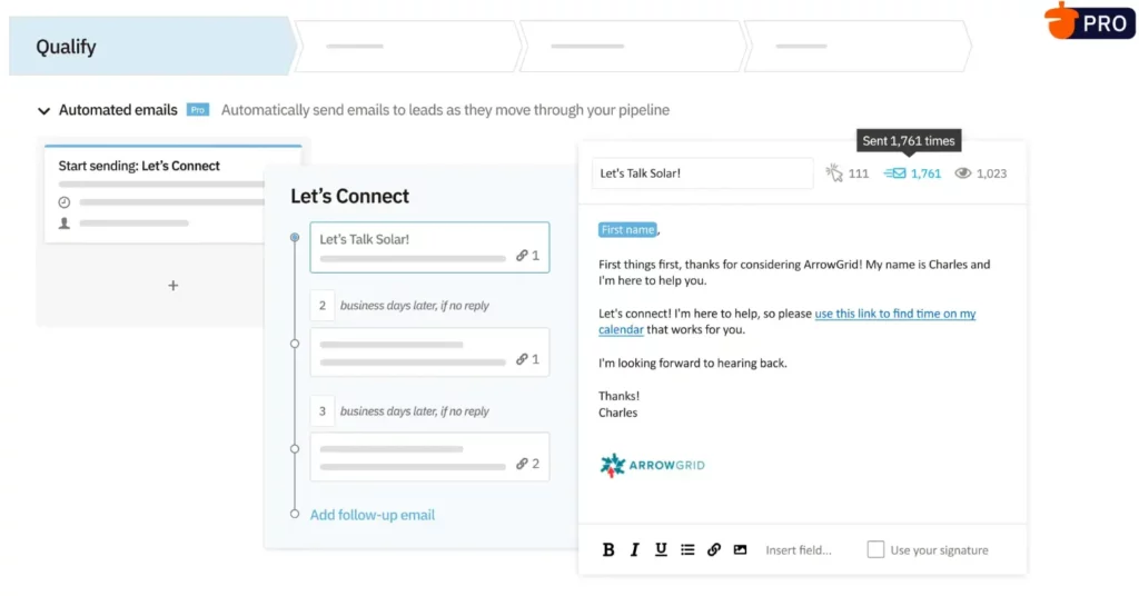 Nutshell automated emails screenshot for how to manage a sales pipeline for a consulting firm article