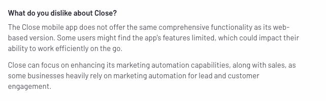 Fechar a avaliação negativa do CRM afirmando que a aplicação móvel não oferece a mesma funcionalidade abrangente que a sua versão baseada na Web