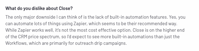 a análise do cliente que partilha o que não gosta no Close CRM