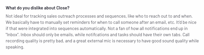 a análise do cliente que partilha o que não gosta no Close CRM