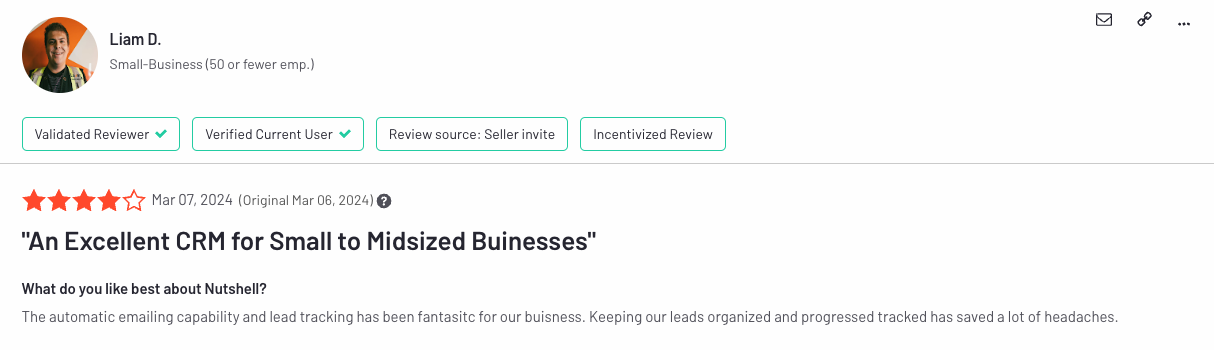 Nutshell arvostelu liam d:ltä sanoo: "erinomainen CRM pienille ja keskisuurille yrityksille".