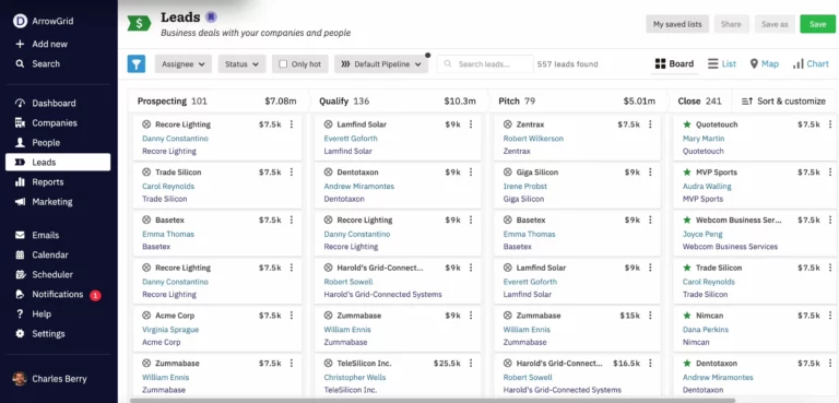 a screenshot of a leads page on the Nutshell dashboard