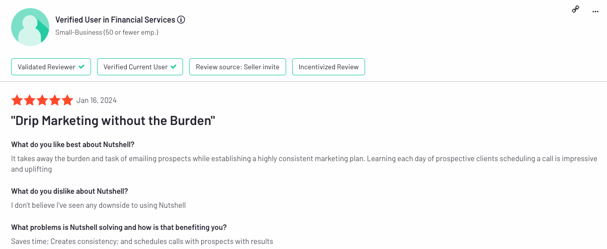 et skjermbilde av en Nutshell -anmeldelse fra en verifisert bruker som sier "dryppmarkedsføring uten byrden"