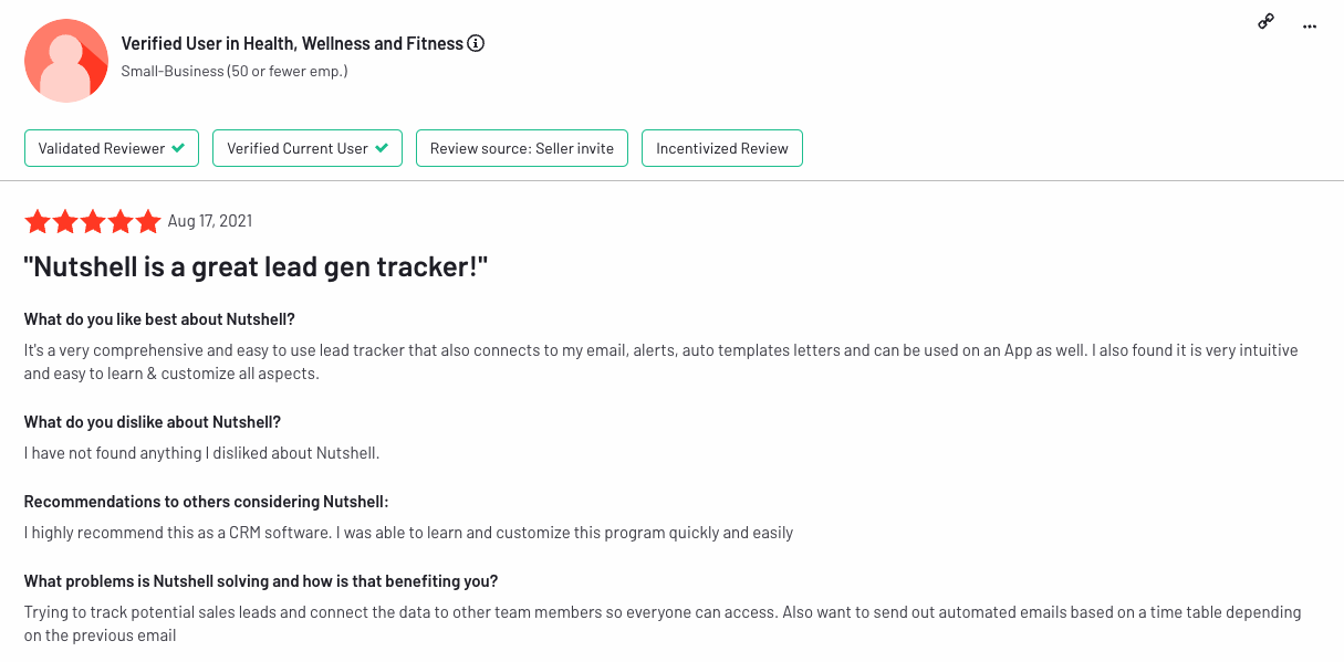 G2-Bewertung eines Nutzers aus der Gesundheits-, Wellness- und Fitnessbranche