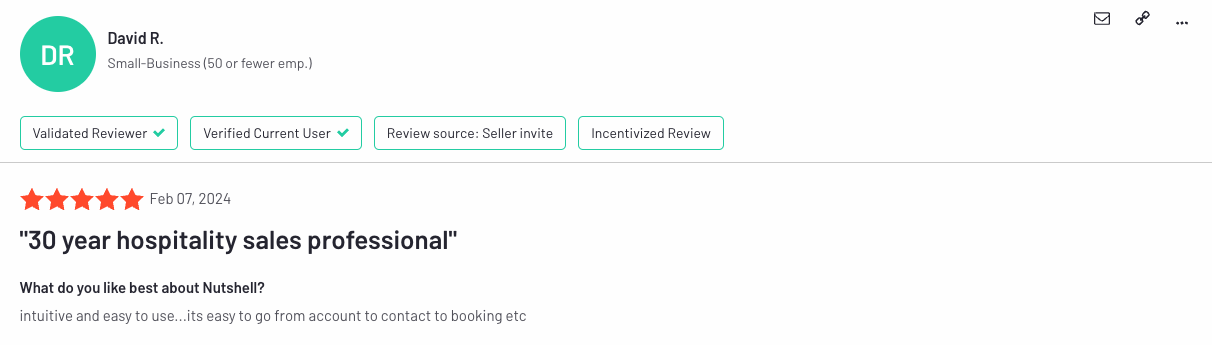 eine Nutshell Bewertung von david r., einem 30-jährigen Fachmann für den Vertrieb im Gastgewerbe