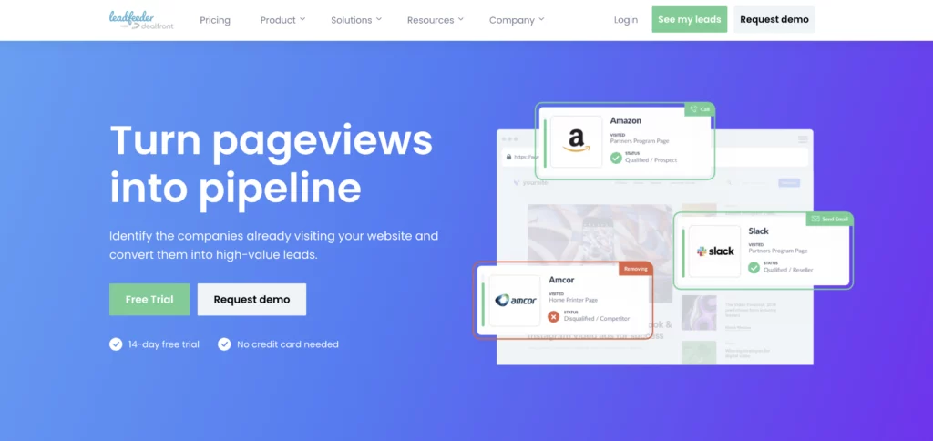 Leadfeeder lead generator software homepage