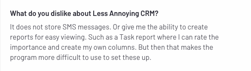 Textantwort eines Kunden, der mitteilt, was er an LACRM nicht mag