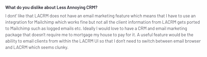 Textantwort eines Kunden, der mitteilt, was er an LACRM nicht mag