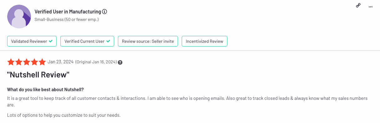 kuvakaappaus tarkistuksesta, jonka on laatinut todennettu Nutshell -käyttäjä valmistusteollisuudessa.