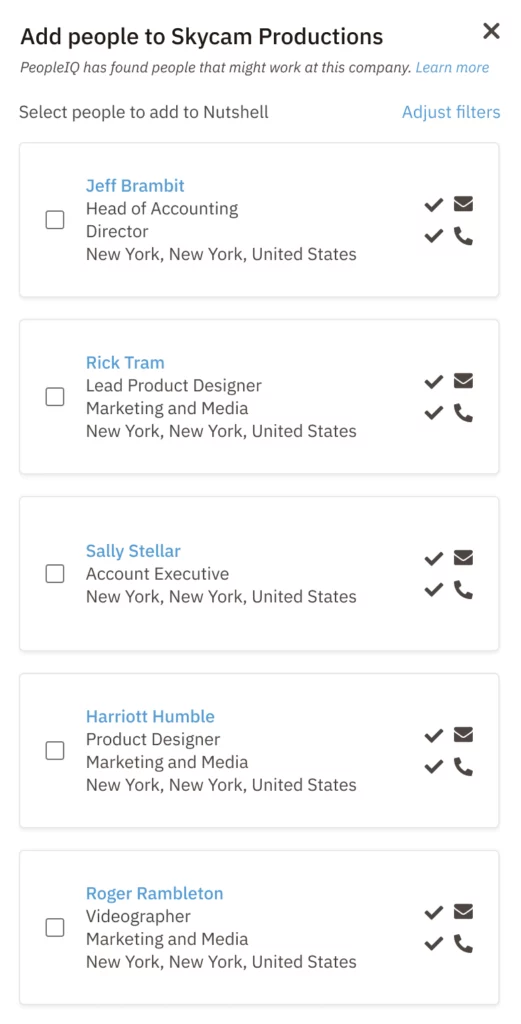 a screenshot of adding people to skycam Productions page using Nutshell PeopleIQ
