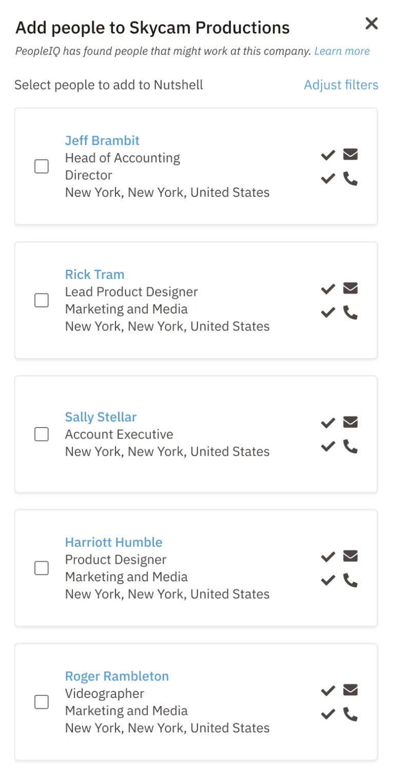 a screenshot of adding people to skycam Productions page using Nutshell PeopleIQ