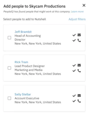 a screenshot of adding people to skycam Productions page using Nutshell PeopleIQ
