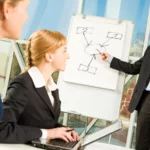 henkilö pitää esitelmän liikemiesryhmälle.