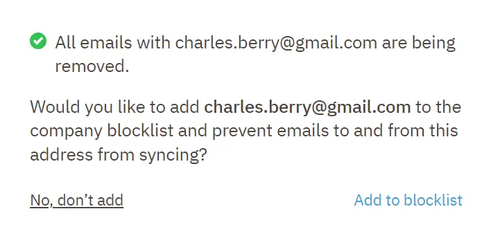 Popup of adding an email to the Nutshell email blocklist