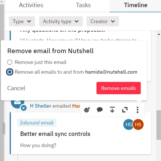 Screenshot showcasing how you can choose to remove all emails to and from a specific email in the Nutshell app.
