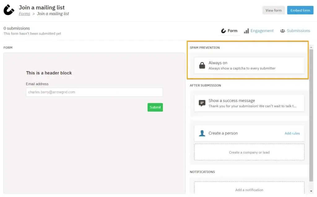 Nutshell Forms spam prevention setting toggled to "Always On"