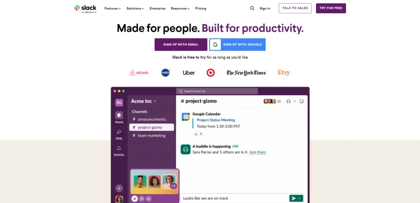 homepage for Slack business collaboration software tool