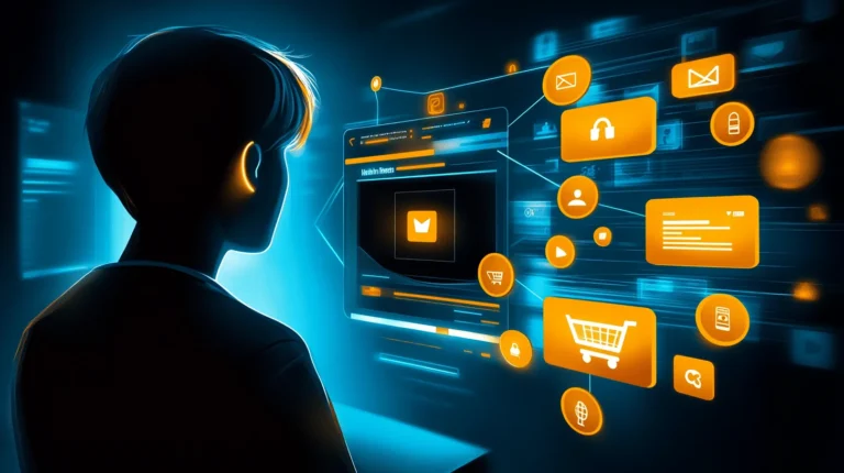 a person's silhouette in the center with lines connecting to icons like email, social media, and a shopping cart, showing a complete customer profile