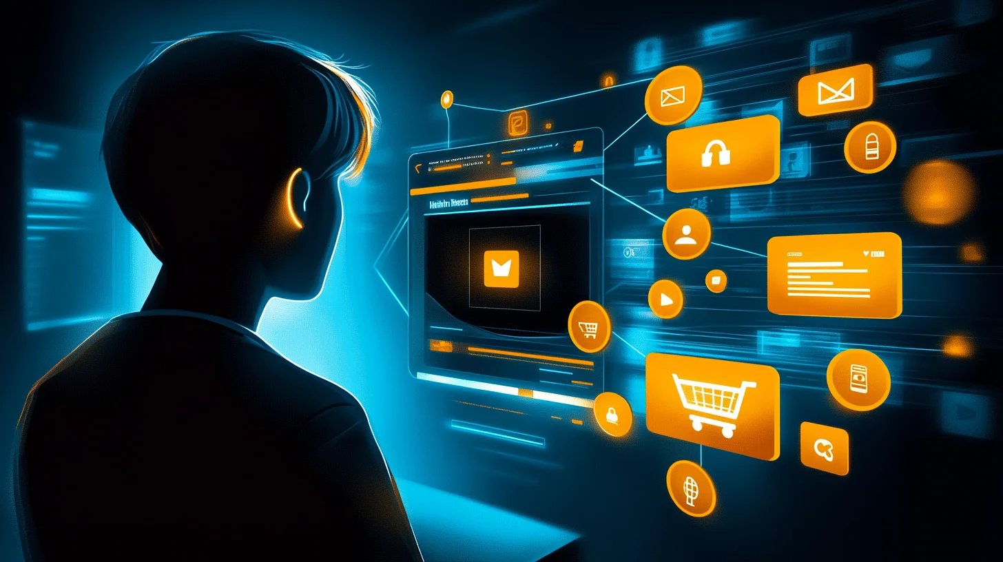 a person's silhouette in the center with lines connecting to icons like email, social media, and a shopping cart, showing a complete customer profile