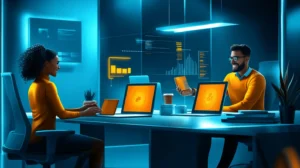 a happy and energetic sales team collaborating in a modern office