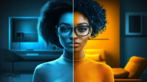 a before and after picture, with one half dull and the other half vibrant and colorful