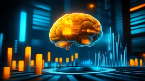 a brain icon made of glowing, upward-pointing charts and graphs