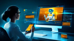 a person chatting with a friendly robot on a phone or computer screen