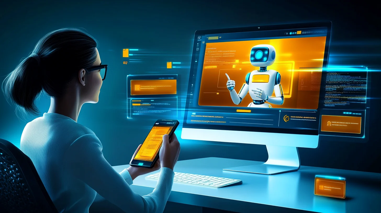 a person chatting with a friendly robot on a phone or computer screen