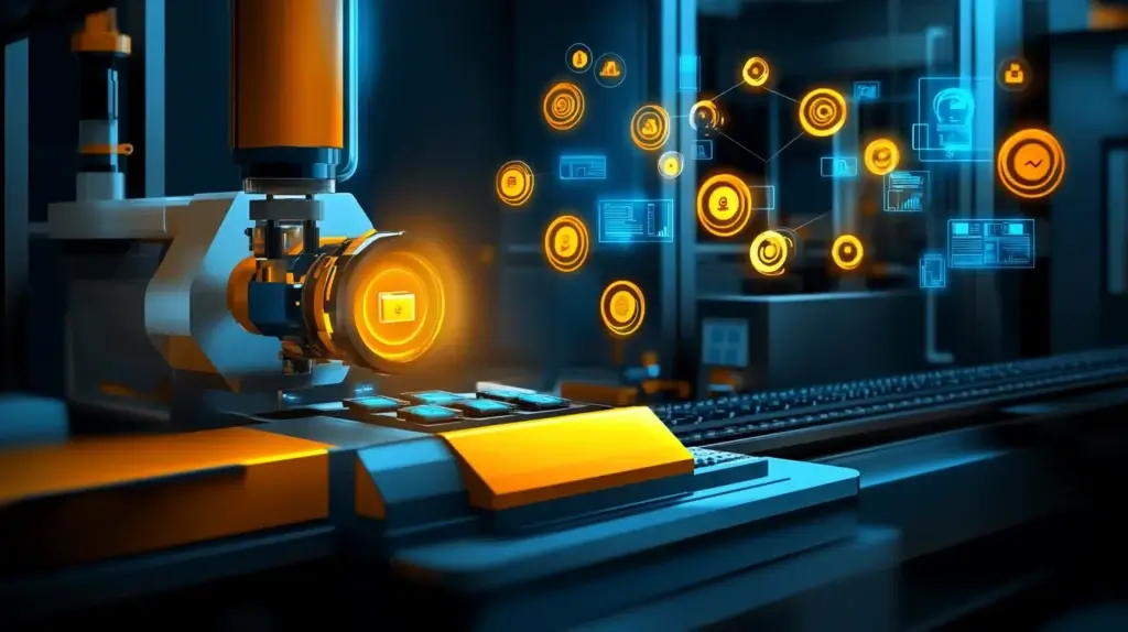 a modern factory with software icons appearing over the machinery