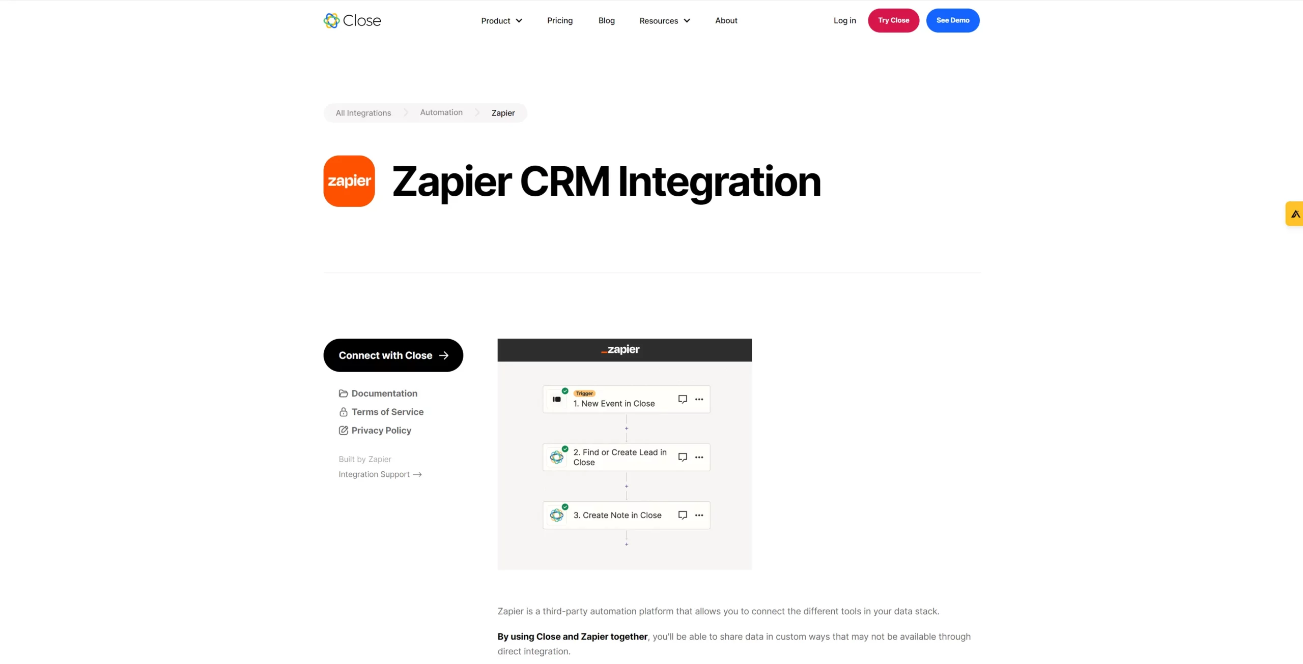 Zapier integration page for Close CRM