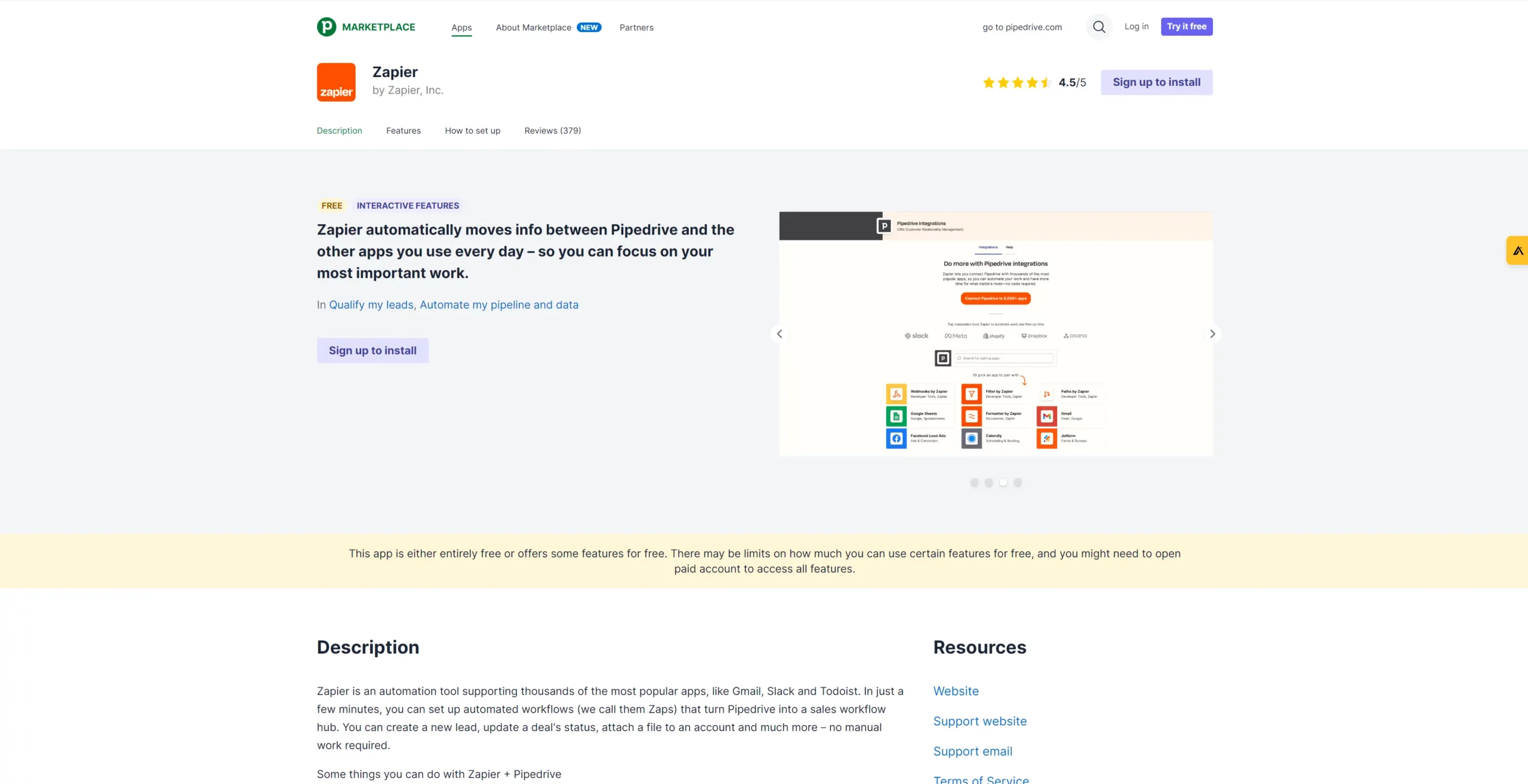Zapier installation page on Pipedrive marketplace