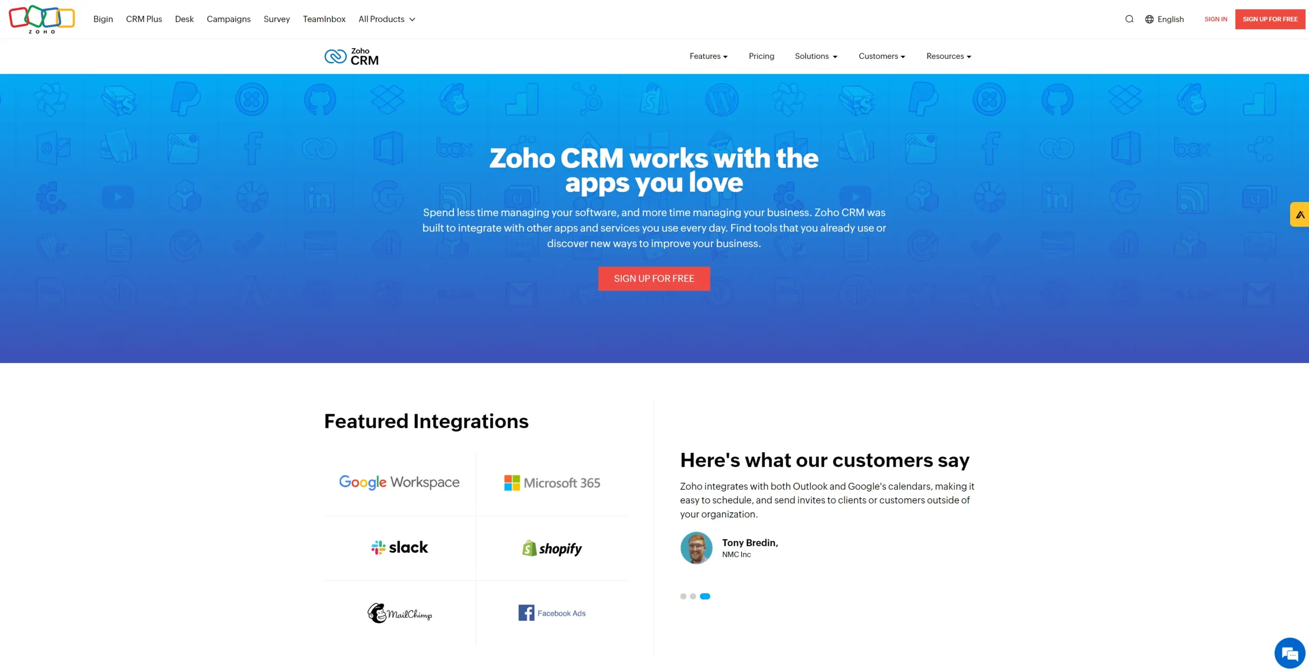 Zoho CRM integrations page