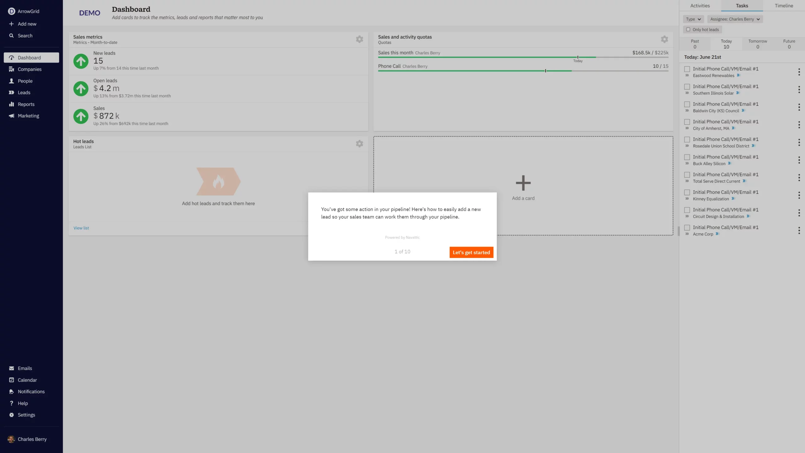 Nutshell walk through screenshot showing how to add a new lead