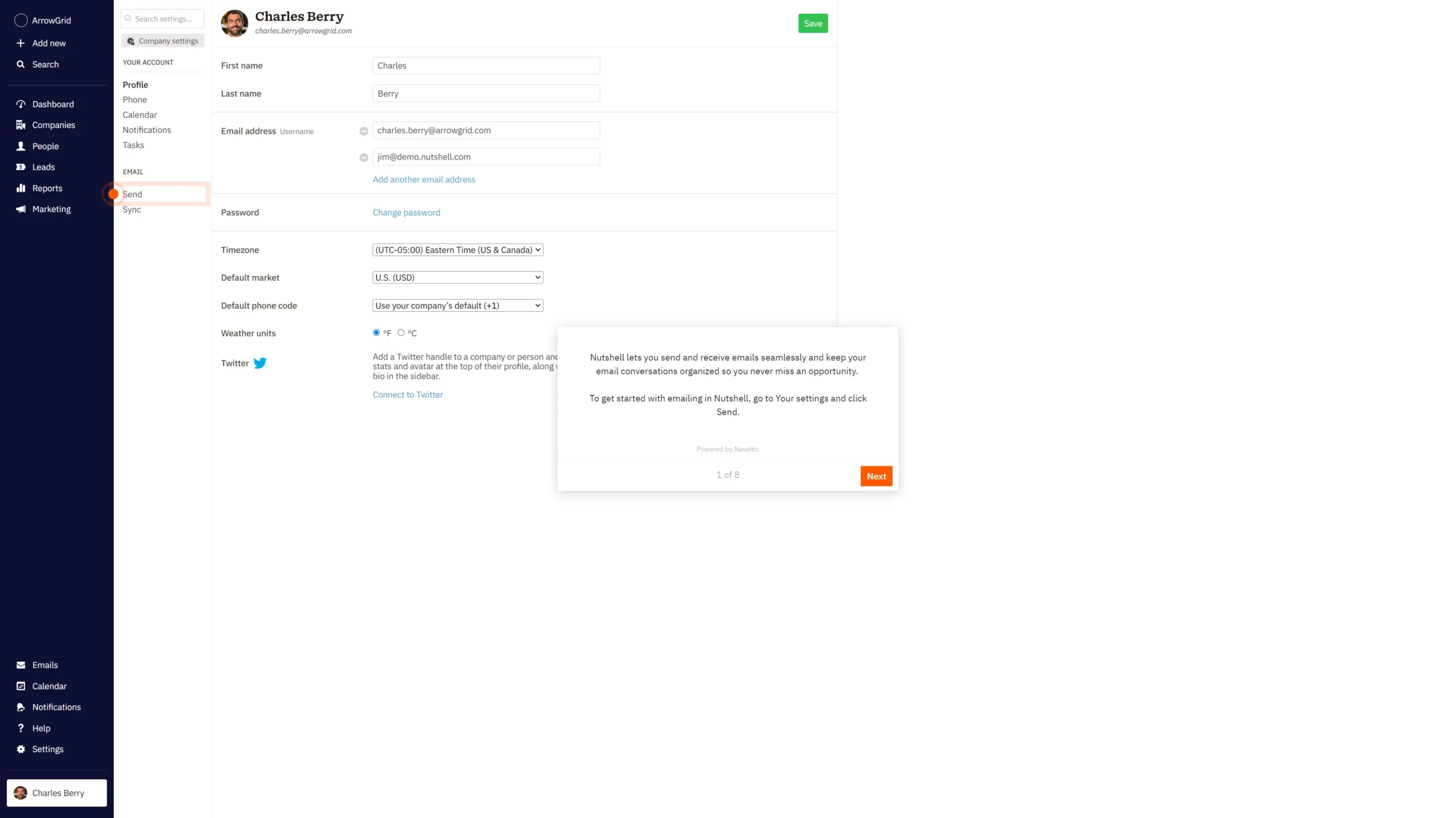Nutshell walk through screenshot showing how to set up emailing in Nutshell