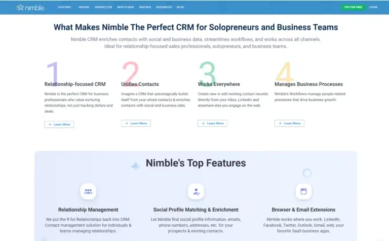 The homepage of Nimble CRM