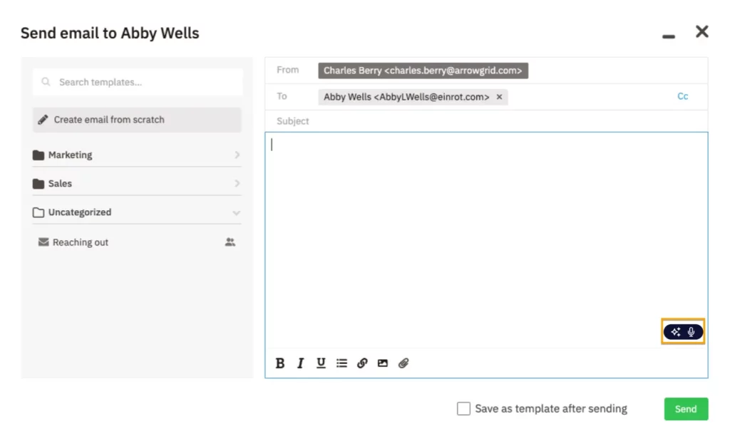 notetaker button at the bottom of the Nutshell email sending window