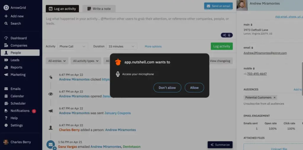access request popup to use microphone for Nutshell Notetaker