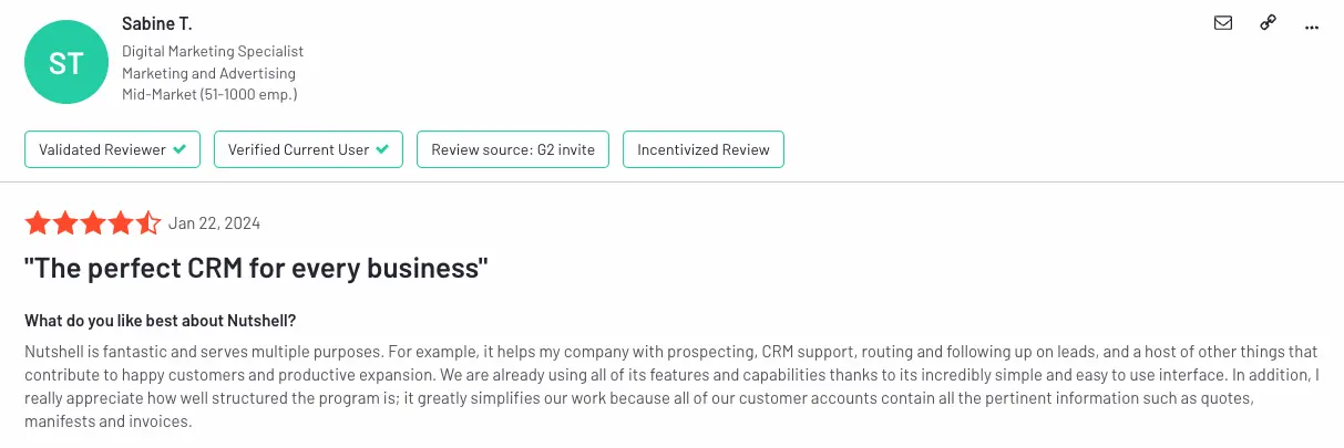 En positiv recension av Nutshell CRM från en person i marknadsföringsbranschen