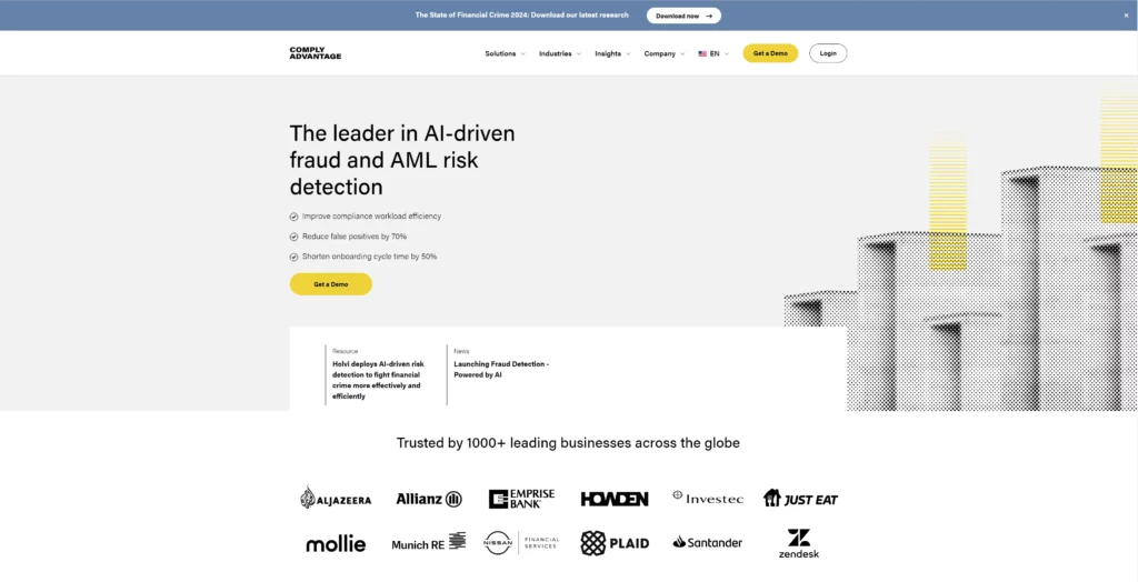 Screenshot of ComplyAdvantage, the best risk management software for financial services companies