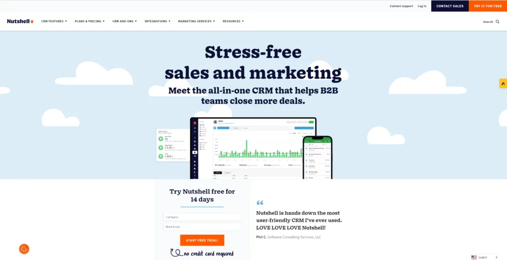 Screenshot of Nutshell CRM software website