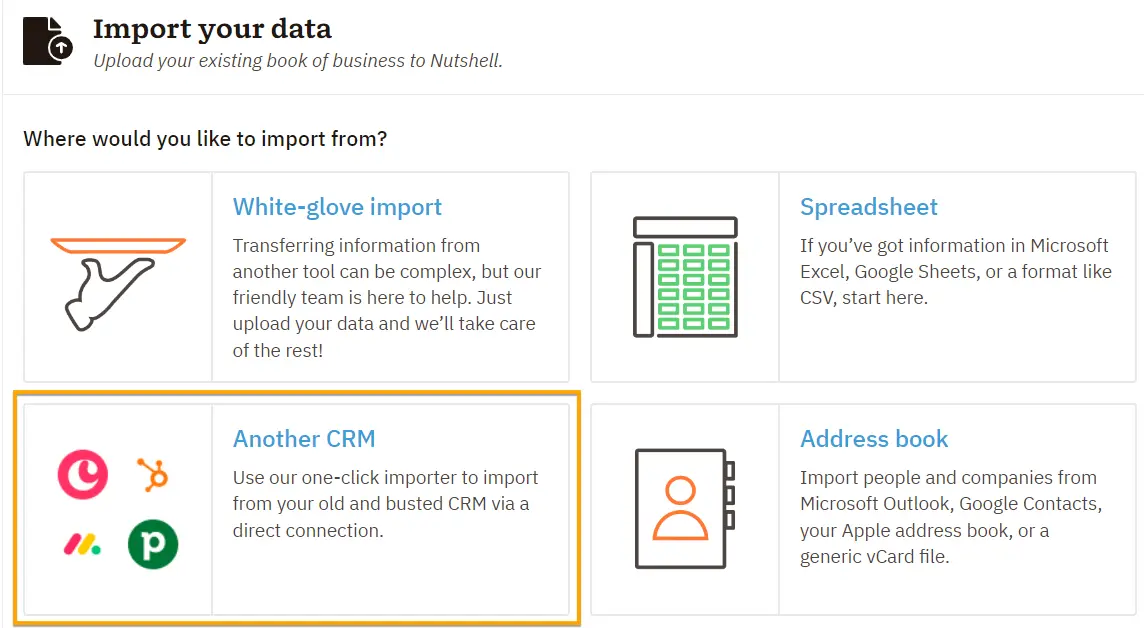 Table of CRM data import options with the option to import from another CRM highlighted