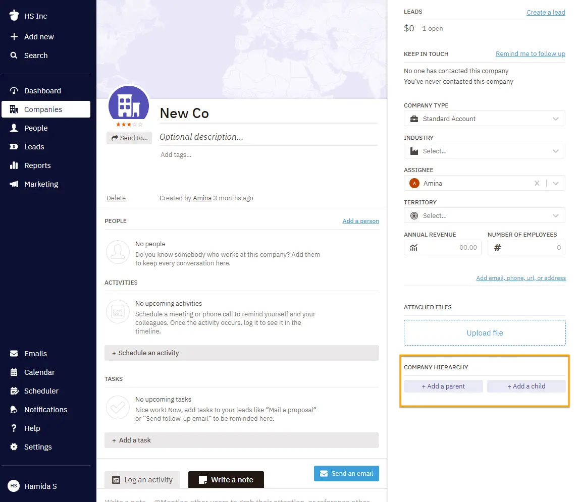 Company page on the Nutshell dashboard with the company hierarchy section highlighted