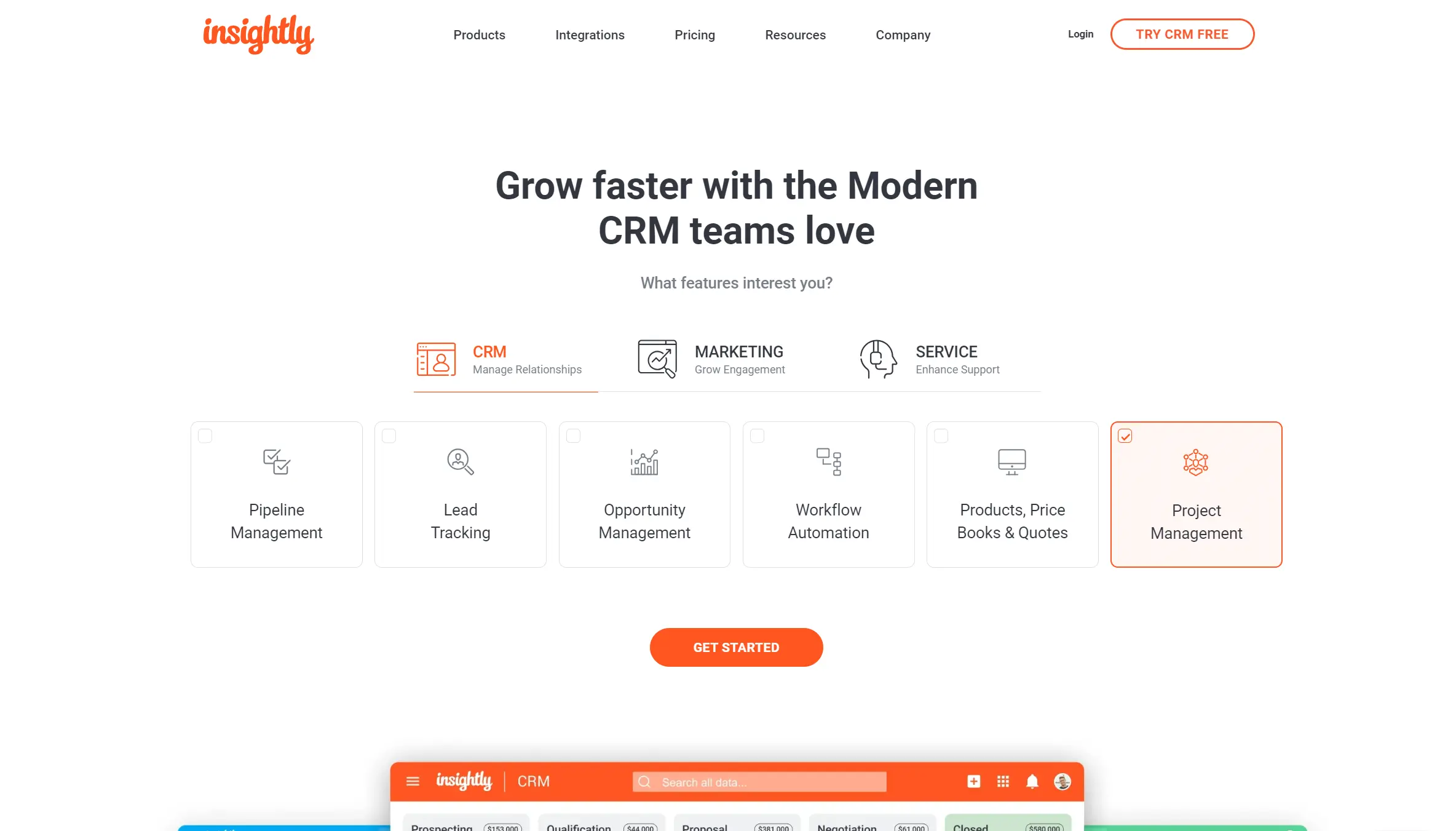 Insightly CRM homepage