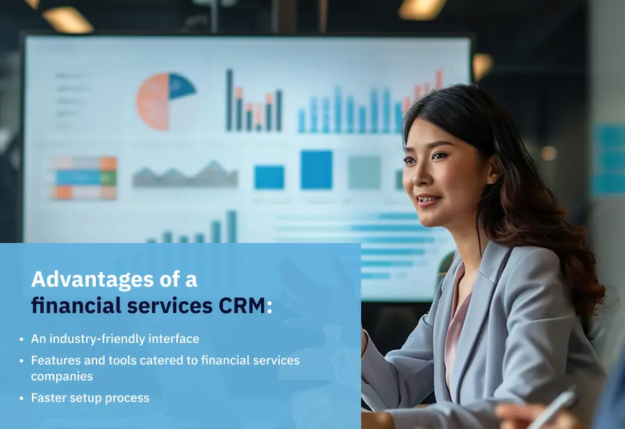 A lady with a set of graphs on the background shown from a big screen with a text overlay of the advantages of a financial services crm